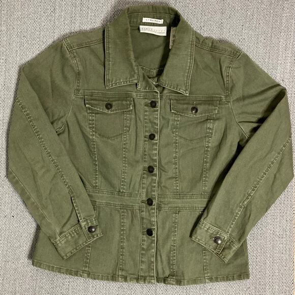 Liz Claiborne Denim Shacket Womens Large Green Button Military First Issue - Picture 1 of 12